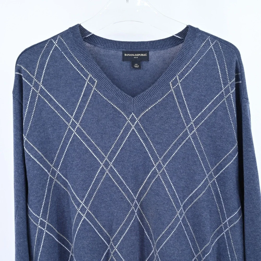 Banana Republic XXL Blue Argyle V-Neck Sweater Cotton Preppy Dark Academia Y2K